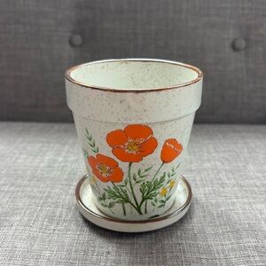 Vintage Ceramic Planter with Saucer - Orange Poppy Design